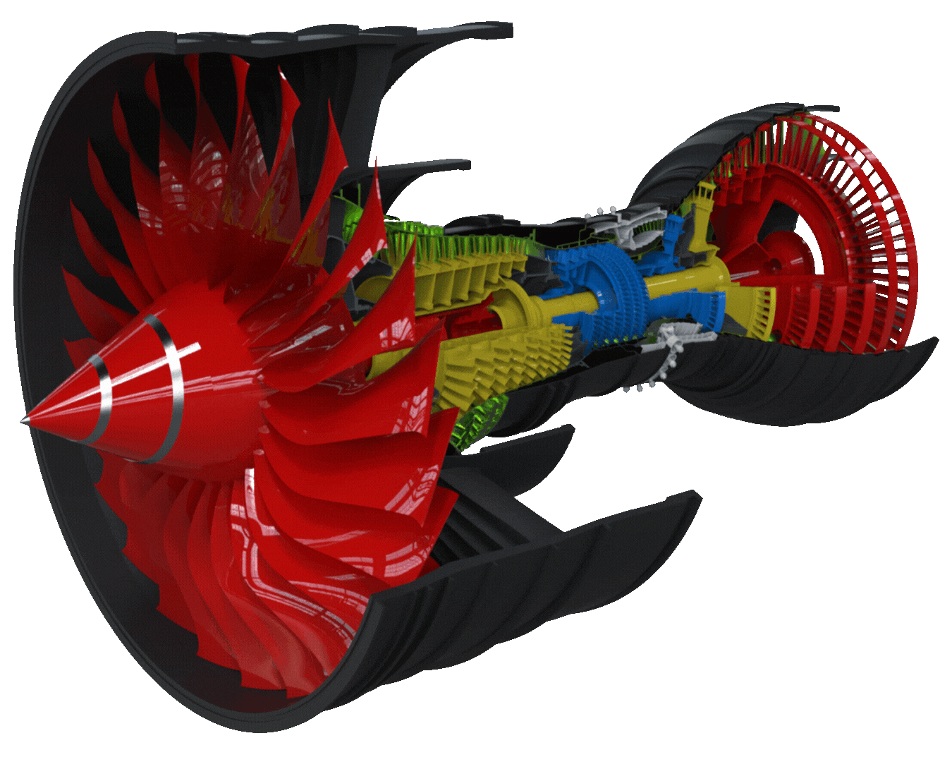 3D cutaway model of a jet engine showing color-coded components, used in Interactive Electronic Technical Manuals (IETMs) to illustrate internal mechanisms and support step-by-step maintenance procedures.